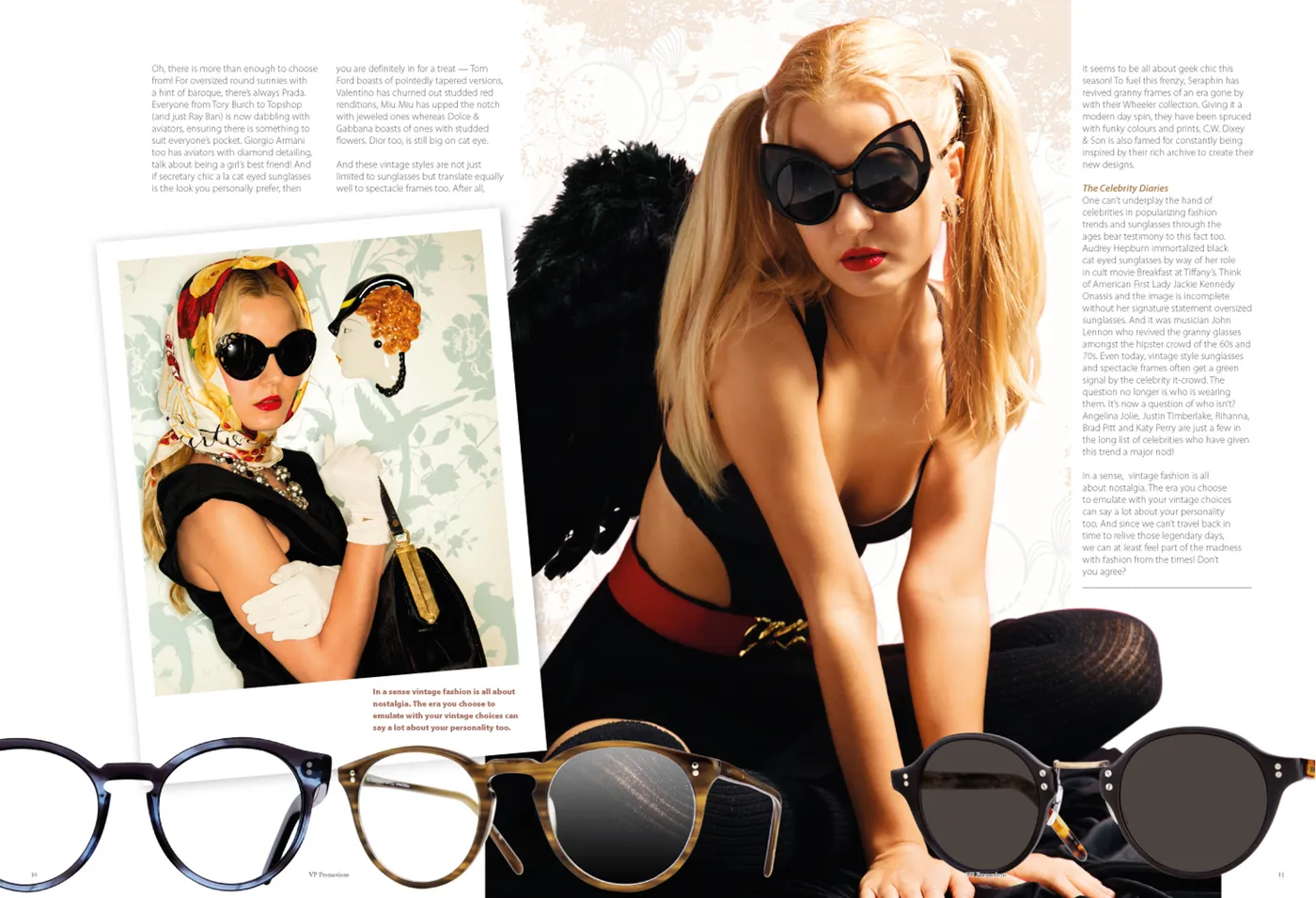 Two-page magazine spread with a reclining woman in floral cat-eye sunglasses on a bed beside columns of vintage eyewear editorial text.